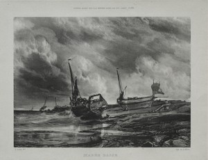 Marée basse by Eugène Isabey, created 1831, in lithograph. Download this artwork as a high-resolution wallpaper for desktop, tablet, or mobile. — Eugène Isabey Wallpaper
