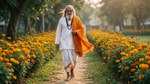 Swami Samarth che passeggia lungo un sentiero fiancheggiato da calendule nella luce dorata