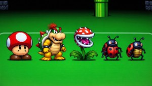 Uppställning av klassiska fiender från Super Mario Land på en grön äng.