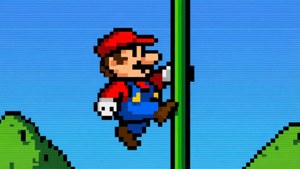 Mario 8-bit meluncur menuruni tiang bendera di akhir level.