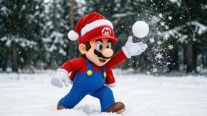 Mario iført en nissehue kaster en snebold i et vintereventyrland, festligt og muntert.