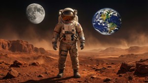 Astronaut on Mars with Earth and moon in the sky — Space Picture