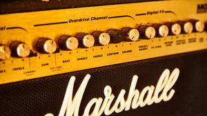 Närbild av en Marshall gitarrförstärkare med gyllene rattar och glödande logotyp.