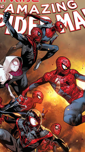 Multiple Spider-Man characters in action poses against a fiery backdrop.