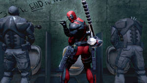 Deadpool em um banheiro com duas figuras blindadas usando mictórios. — Xbox Marvel Foto Papéis de Parede