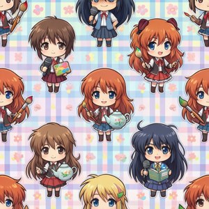 Et søtt sømløst mønster-bakgrunnsbilde med kyoani-maskotter som chibier.