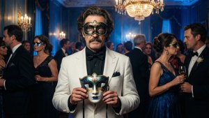 Albert Moriarty lors d'un grand bal, dégageant sophistication et mystère.