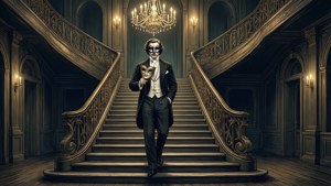 Oscar Wilde på stor trappe med maskerade maske art deco