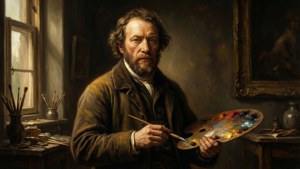 Et stemningsfuldt, Rembrandt-inspireret portræt af Hendrik Kloekhoff, hollandsk kunstner i sit atelier, med rig chiaroscuro-belysning og maleriske detaljer.