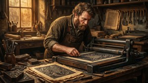 Charles Fox catturato nel suo elemento, l'officina del tipografo viva di storia e artigianato.