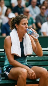 Female tennis player drinking water while resting on a green bench.