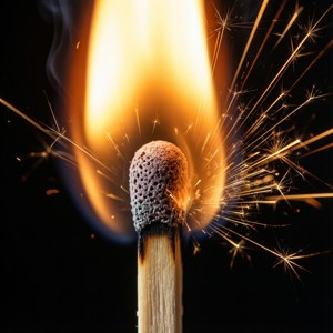 Un gros plan macro d'une allumette qui s'enflamme avec des étincelles.