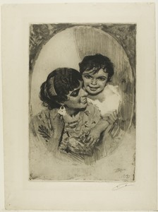 Maternal Delight III by Anders Zorn, created 1883, in Etching on ivory laid paper. Download this artwork as a high-resolution wallpaper for desktop, tablet, or — Illustration Wallpaper
