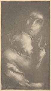 Maternity by Eugène Carrière, created 1896, in lithograph in black. Download this artwork as a high-resolution wallpaper for desktop, tablet, or mobile. — Eugène Carrière Wallpaper