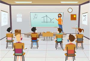 Teacher instructing masked students in math class with geometric diagrams on whiteboard. — Teachable Wallpaper