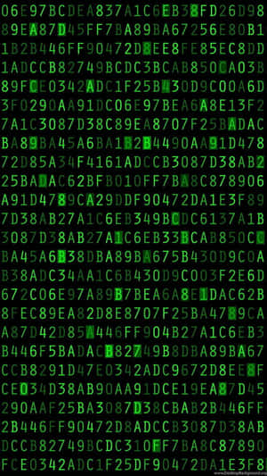 Glowing green hexadecimal code scrolling vertically on a black digital background. — Matrix Code Wallpaper