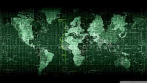 Green digital world map with glowing yellow path and cascading code. — Matrix Code Wallpaper