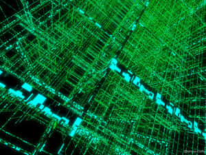 Glowing green and blue digital grid network in a dark futuristic tunnel.