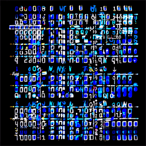 Glitch art with cascading blue and white digital text on black background. — Matrix Code Wallpaper