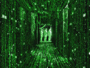 Green digital code falls in a tunnel with glowing figures at the end. — Matrix Code Wallpaper