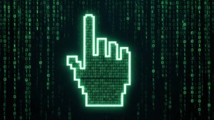 Cyber tapet av en handmarkör-ikon bildad av fallande grön binär kod.