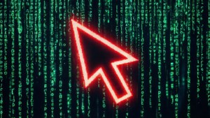 Um cursor vermelho sobre chuva de código verde Matrix