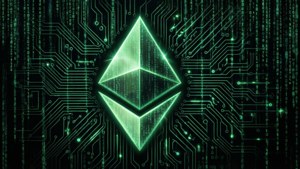Ethereum logo with digital matrix code.