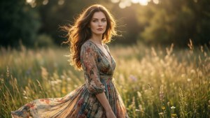 Romanttinen taustakuva Cathérine Elise Cousinetista auringon valaisemalla niityllä virtaavassa mekossa.