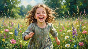 Een lachend meisje dat door wilde bloemen rent straalt kinderlijke onschuld uit