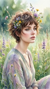 Aquarelschilderij van een vrouw met bruin pixiekapsel getooid met wilde bloemen in een weide