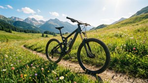 Mountain bike on a dirt path through a wildflower meadow with mountains beyond