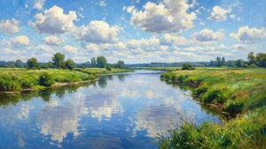 A bright Félix Bovie landscape featuring a river, meadows, and cloud reflections.