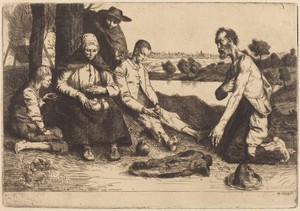 Meal Time by William Strang, created 1883, in etching. Download this artwork as a high-resolution wallpaper for desktop, tablet, or mobile. — William Strang Wallpaper