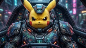 Pikachu in a high-tech armored suit inside a futuristic vehicle cockpit. — Pikachu Wallpaper