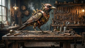 Steampunk-taianomainen pajataustakuva mekaanisella linnulla