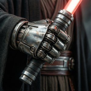 Nærbilde av Anakin Skywalkers mekaniske hånd som holder et lyssabel, detaljert tekstur.