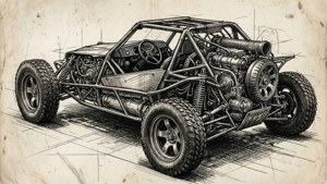 Eine getuschte technische Skizze eines Buggys mit detaillierten mechanischen Komponenten.