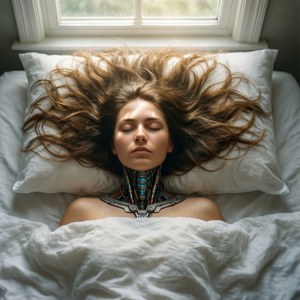 Isla slapend in zacht ochtendlicht, een rustig en intiem portret van haar mechanische vorm.