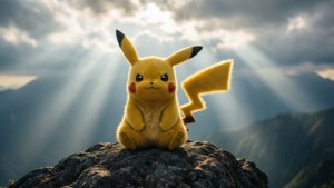 Pikachu mediterer på et bjerg, rolig og minimalistisk baggrund
