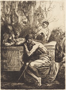 Meditation by François-Nicolas Chifflart, created 1865, in etching with drypoint on laid paper. Download this artwork as a high-resolution wallpaper for desktop — François-Nicolas Chifflart Wallpaper