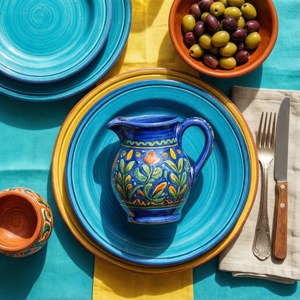 Colorful overhead flat lay of Mediterranean blue ceramic plates and olives.
