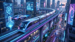 Topp-ned utsikt over et maglev-tog i en neon cyberpunk-by med flygende kjøretøy