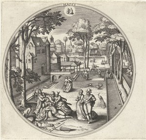 Mei by Adriaen Collaert, created 1578 - 1582, in paper; engraving. Download this artwork as a high-resolution wallpaper for desktop, tablet, or mobile. — Adriaen Collaert Wallpaper