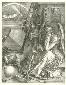 Melancholia by Albrecht Dürer, created 1514, in paper; engraving. Download this artwork as a high-resolution wallpaper for desktop, tablet, or mobile. — Albrecht Dürer Wallpaper