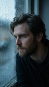 Et stemningsfullt bakgrunnsbilde av Jakob Clauser som ser ut gjennom et regnvått vindu.