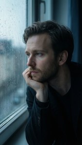 Et stemningsfullt bakgrunnsbilde av Jakob Clauser som ser ut gjennom et regnvått vindu.