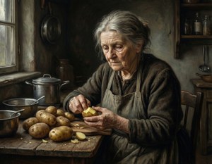 Donna anziana che sbuccia patate in luce fioca con marroni smorzati e atmosfera malinconica