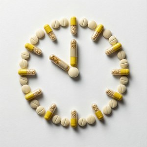 Kreativt arrangement af melatonin tabletter som et ur