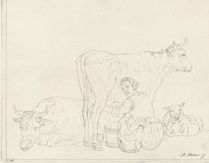 Melkmeid by Pieter de Mare, created 1768 - 1796, in paper; etching. Download this artwork as a high-resolution wallpaper for desktop, tablet, or mobile. — Pieter de Mare Wallpaper