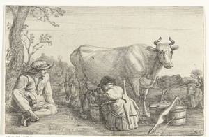 Melkmeid by Gerrit Bleker, created 1643, in paper; etching. Download this artwork as a high-resolution wallpaper for desktop, tablet, or mobile. — Gerrit Bleker Wallpaper